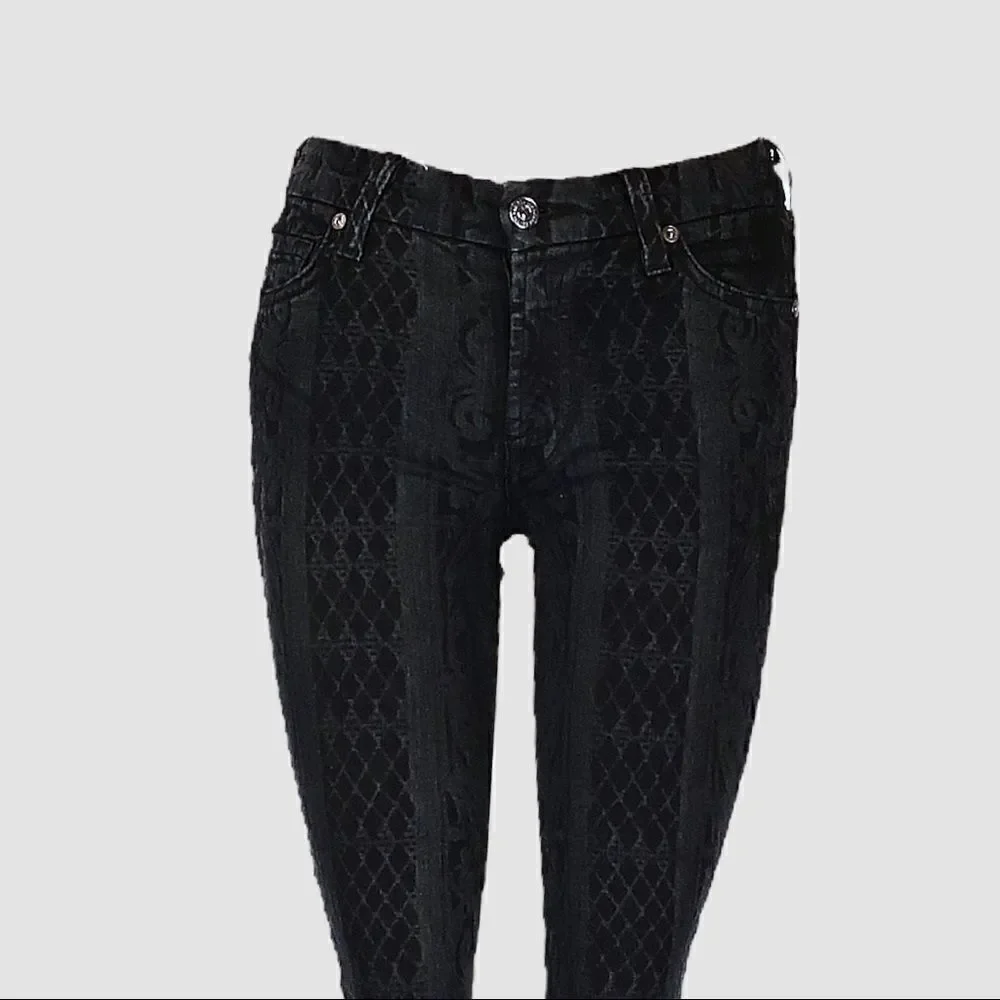 7 All Mankind Goth Victorian Print Black Skinny Jean 25 Low Rise Brocade Stretch